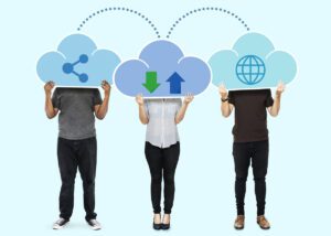 Three people holding a cloud network images