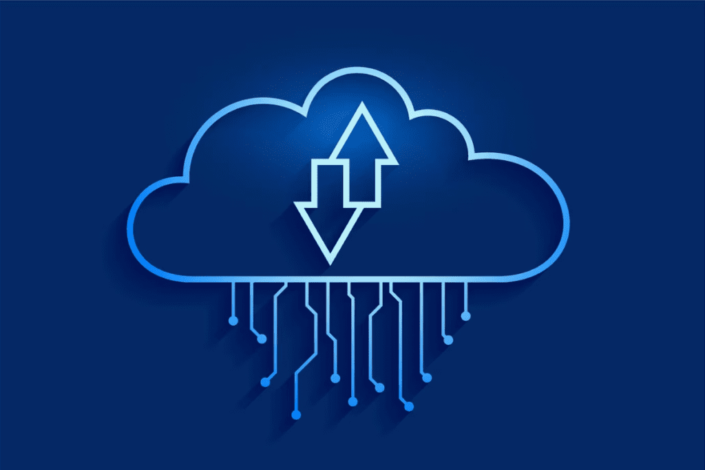 Cloud graphic with arrows up and down on a blue background