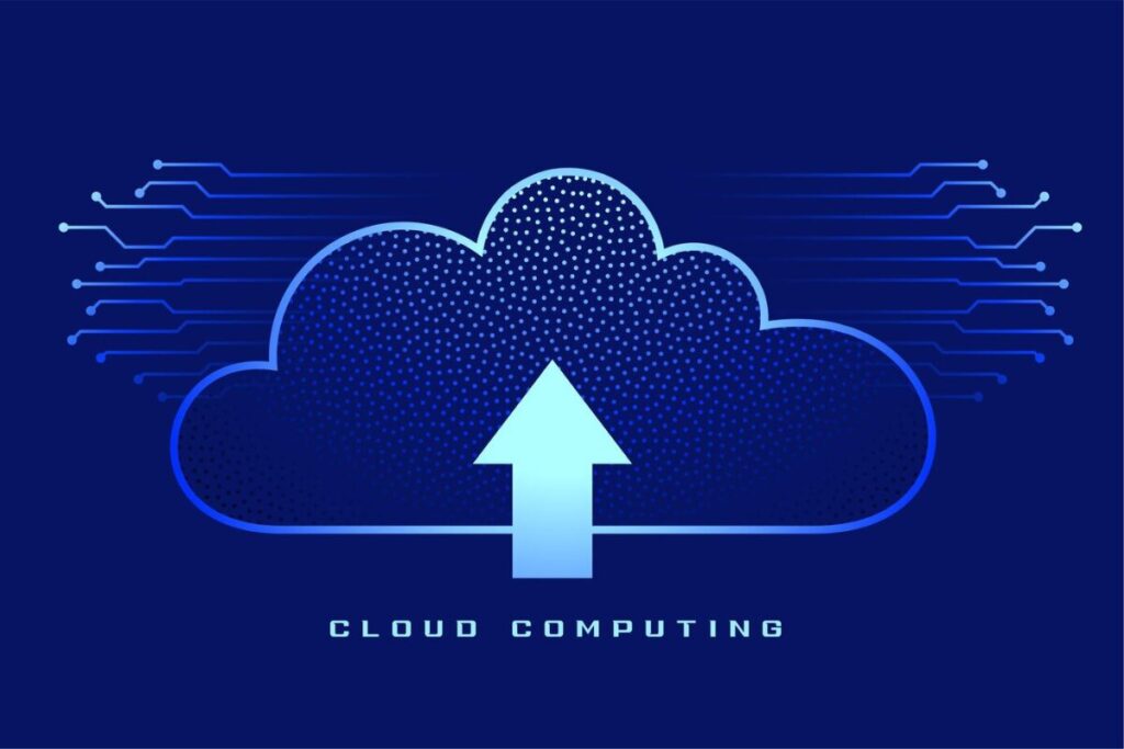 The words "Cloud Computing" with cloud designs on a blue background